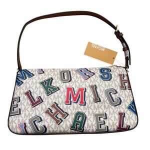 Michael Kors Jet Set LG Pouchette Shoulder Bag NWT Varsity Letter Vanilla Logo